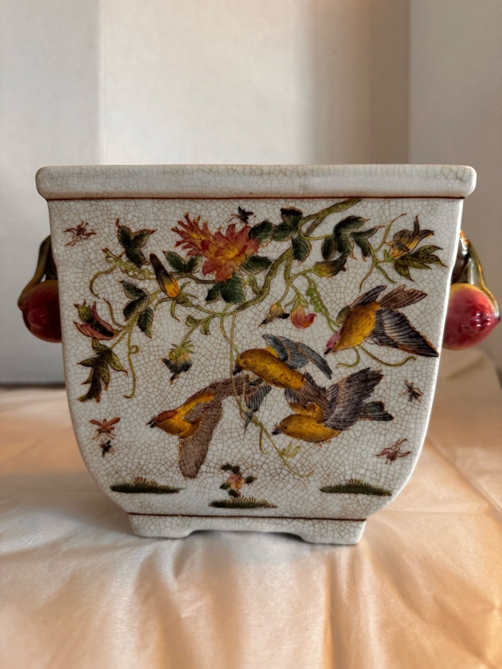 Vtg Chinese Famille Rose Porcelain Planter- Fruits Birds Vase Collectible